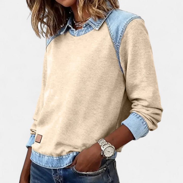 Denim Collar Layered Sweatshirt For Women