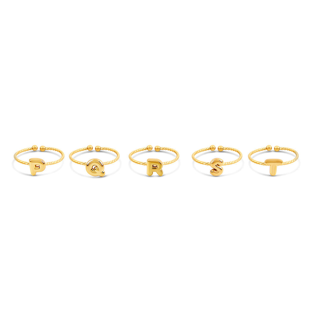 Bubble Initial Rope Chain Adjustable Ring - Gold