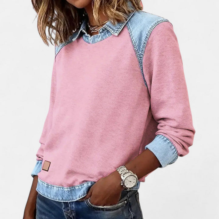 Denim Collar Layered Sweatshirt For Women