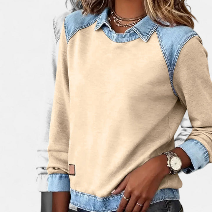 Denim Collar Layered Sweatshirt For Women