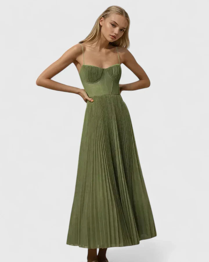 Orlianne | Women’s Pleated Midi Wedding Guest Dress – Spaghetti Strap Occasion Gown