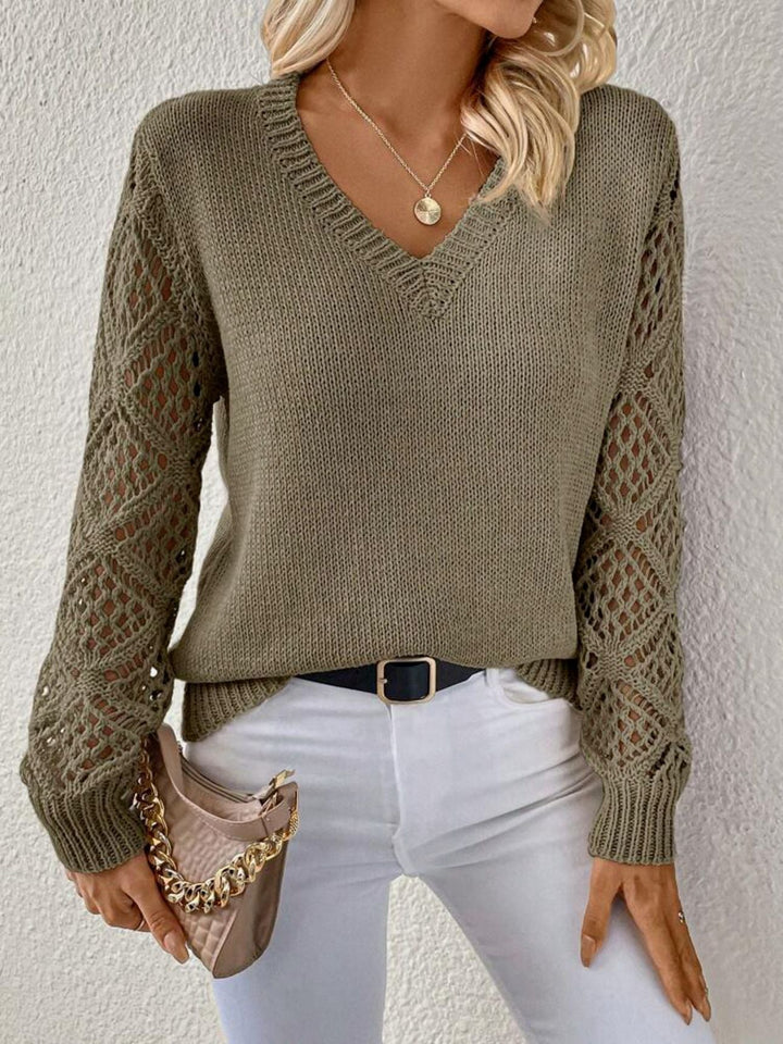 Lena | V-Neck Lightweight Transitional Knit Pullover with Pointelle Lace Crochet Sleeves
