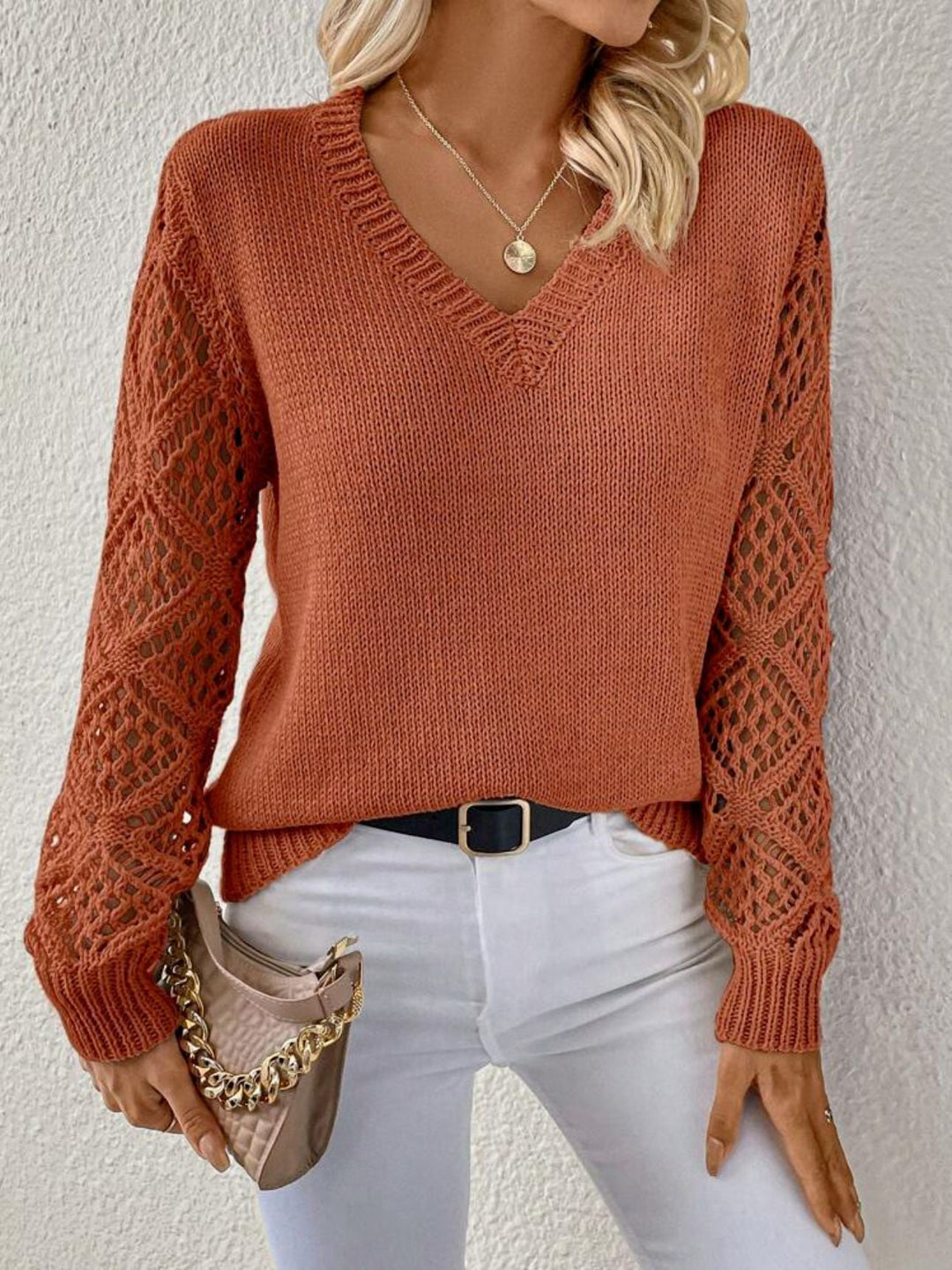 Lena | V-Neck Lightweight Transitional Knit Pullover with Pointelle Lace Crochet Sleeves