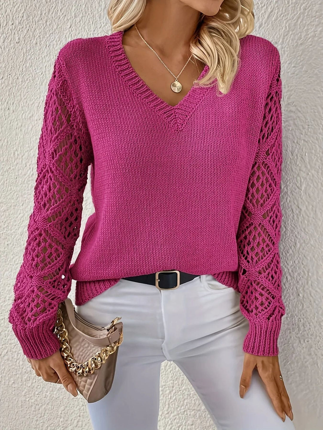 Lena | V-Neck Lightweight Transitional Knit Pullover with Pointelle Lace Crochet Sleeves