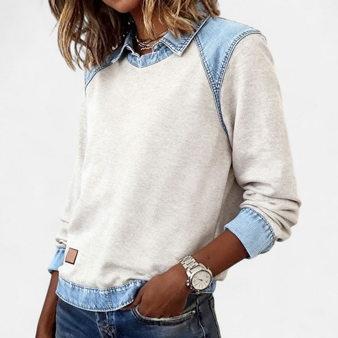 Denim Collar Layered Sweatshirt For Women