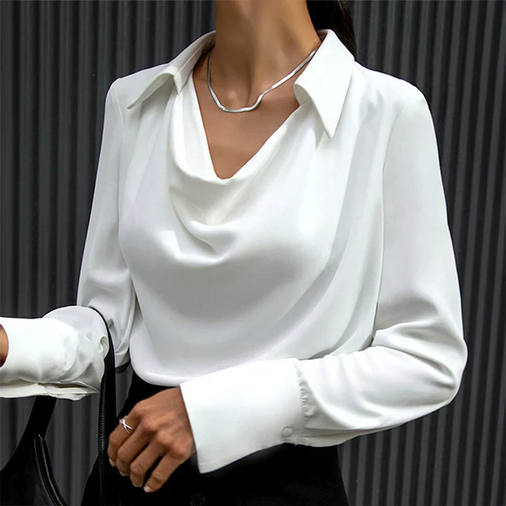 Elegant Satin Blouse for Women - Long Sleeve Draped Neck Work &amp; Evening Wear