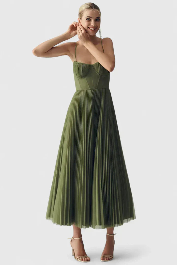 Orlianne | Women’s Pleated Midi Wedding Guest Dress – Spaghetti Strap Occasion Gown