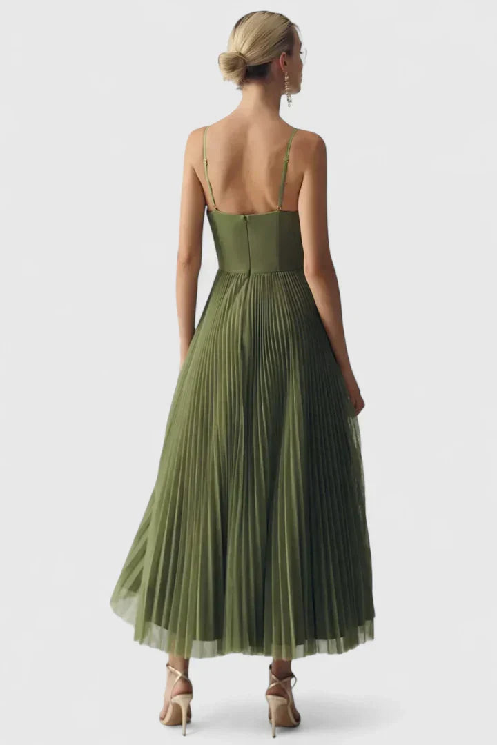 Orlianne | Women’s Pleated Midi Wedding Guest Dress – Spaghetti Strap Occasion Gown
