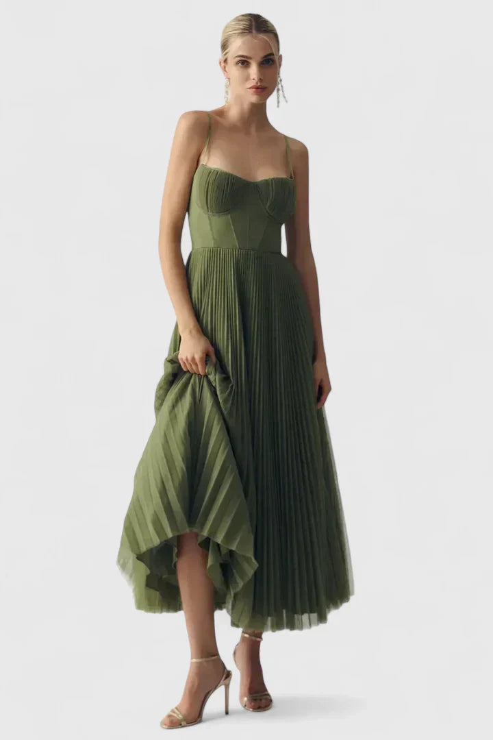 Orlianne | Women’s Pleated Midi Wedding Guest Dress – Spaghetti Strap Occasion Gown