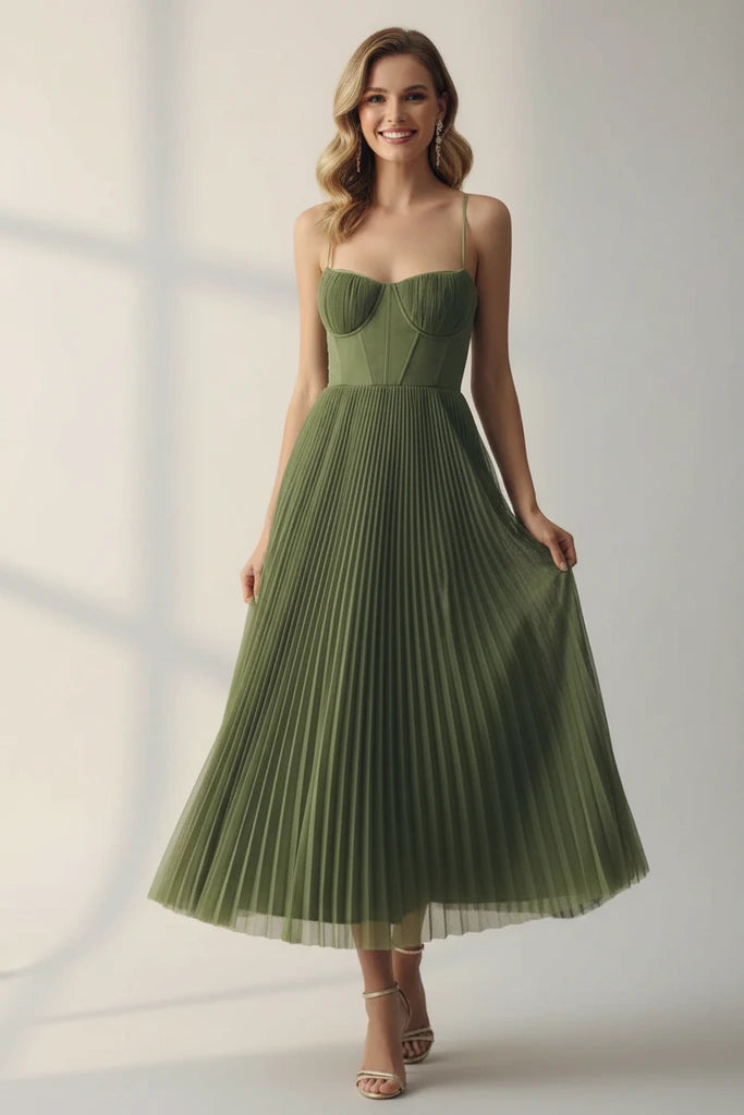 Orlianne | Women’s Pleated Midi Wedding Guest Dress – Spaghetti Strap Occasion Gown