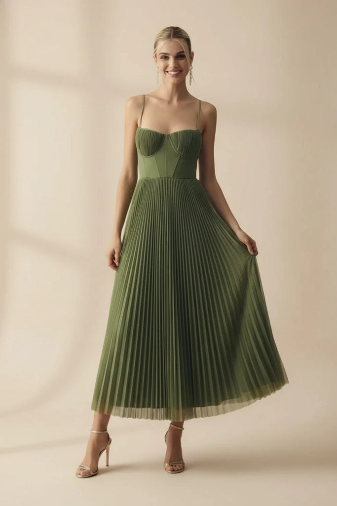 Orlianne | Women’s Pleated Midi Wedding Guest Dress – Spaghetti Strap Occasion Gown