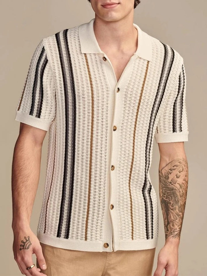 Cassian | Men’s Open-Knit Vertical Stripe Revere Collar Shirt