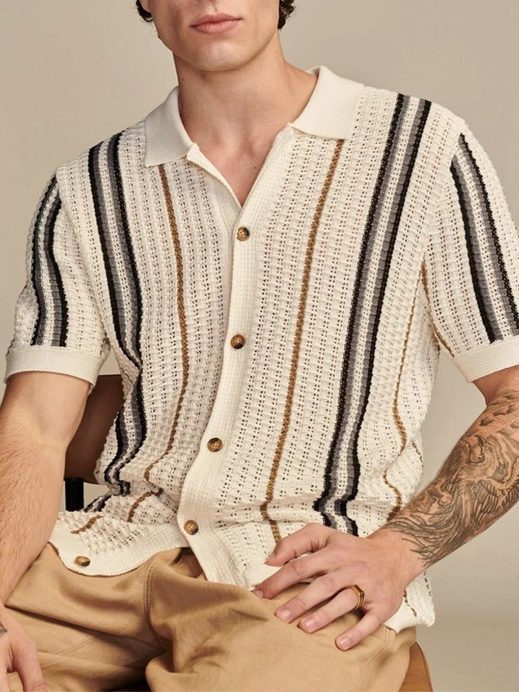 Cassian | Men’s Open-Knit Vertical Stripe Revere Collar Shirt